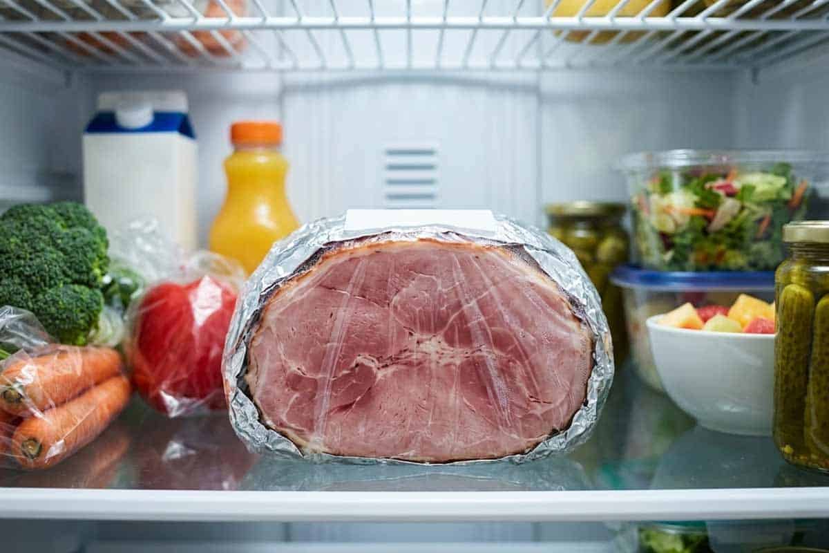 wrapped ham in fridge