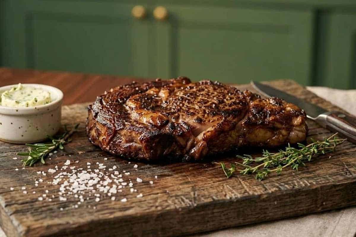 freshly cooked heritage steak on cutting board freshly cooked heritage steak on cutting board