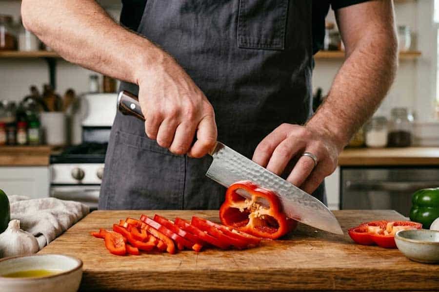 santoku knife slicing vegetables