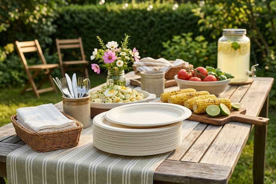 backyard party buffet sturdy plates setup