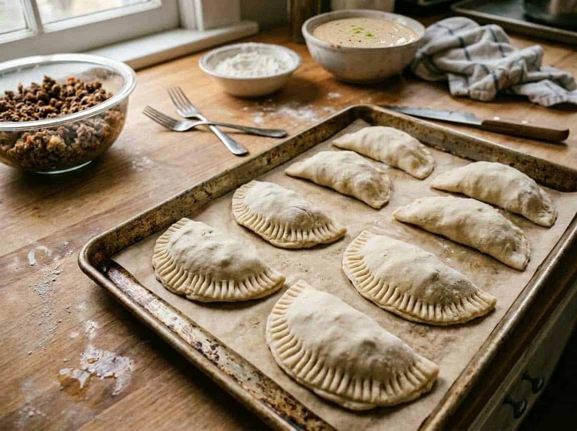 empenadas ready to bake with sauce in background