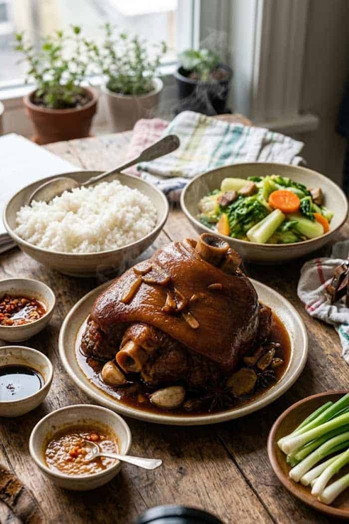 pata tim on table with side dishes on table