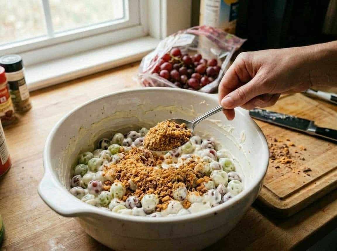 spooning crushed butterfinger onto grapes mixture