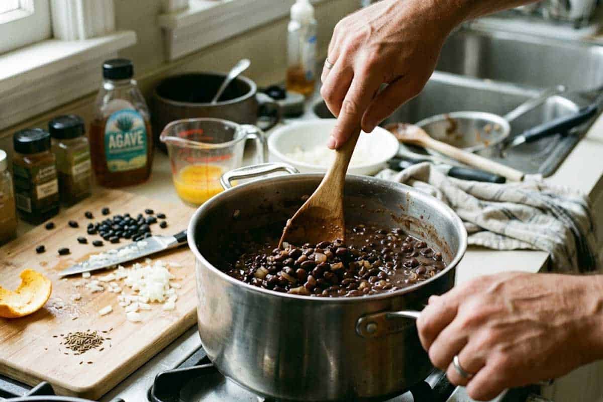 stirring black beans in pot