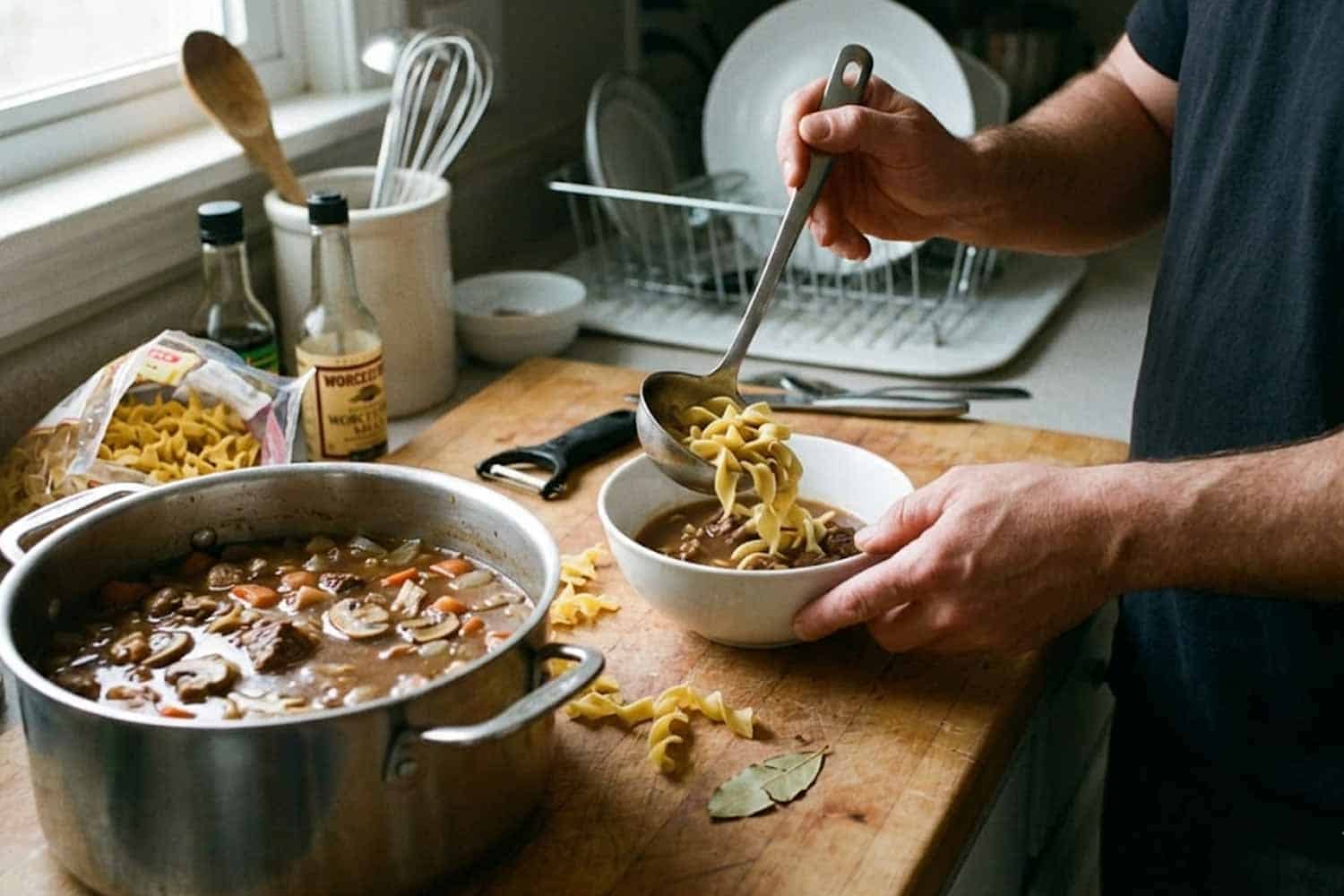 beef and noodle soup with ladle