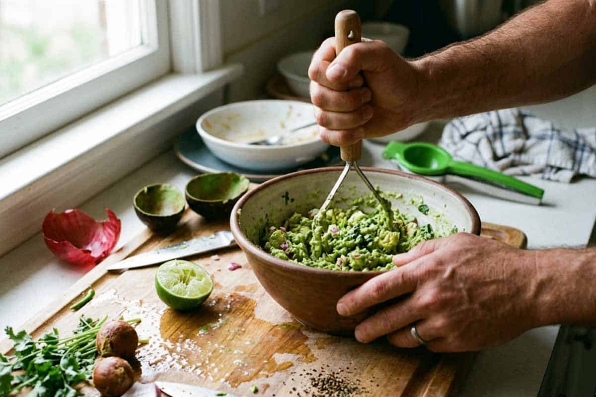 mashing guacemole in bowl