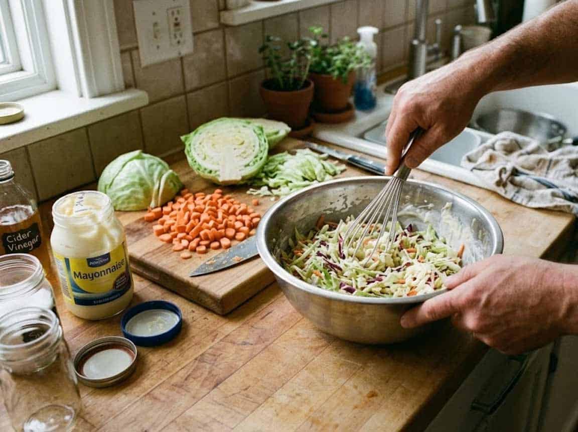 mixing the coleslaw in my favorite bowl mixing the coleslaw in my favorite bowl